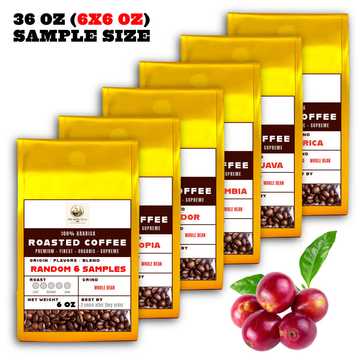 36OZ Random 6 x 6 OZ Sample Size Coffee Beans Roasted Espresso Coffee Supreme Finest Artisan Beans vary from Vanuatu Sumatra Ethiopia Brazil Kenya Colombia Guatemala Burundi Costa Rica East Java El Salvador Honduras etc